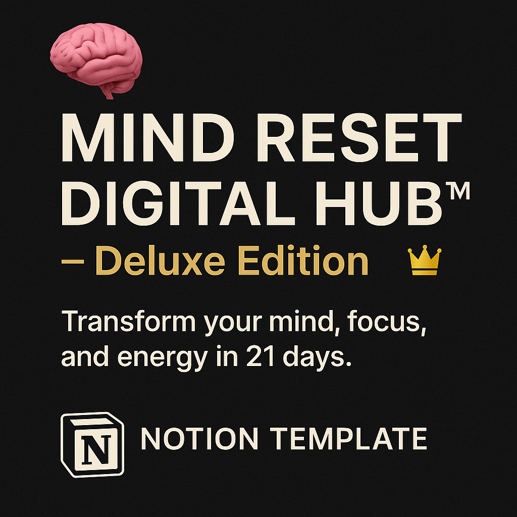 Mind Reset Digital Hub™ Deluxe Edition graphic highlighting mind transformation in 21 days with Notion template.